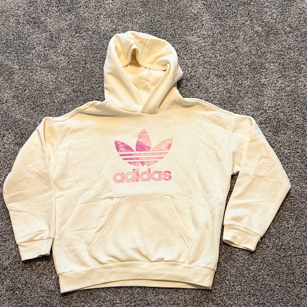 NWOT Adidas Hoodie in Cream with Pink Trefoil